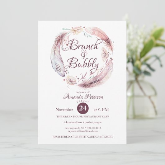 Bohemian Feathers Wreath Brunch Bubble Invitation Kaart (Staand voorkant)