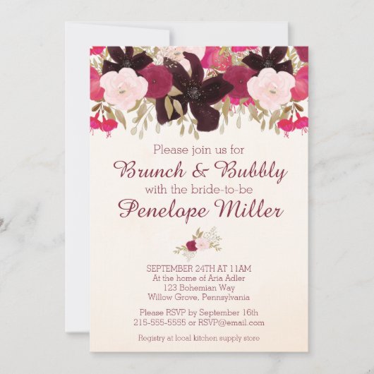 Bohemian Floral Brunch en Bubble Invitation Kaart (Voorkant)