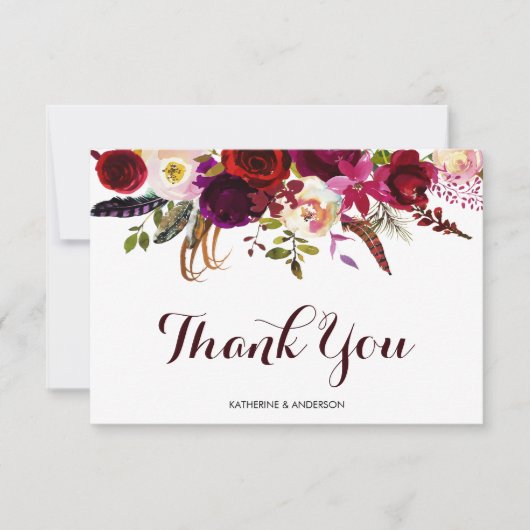 Bohemian Floral Burgundy Fall Weddenschap Dank je Bedankkaart (Voorkant)