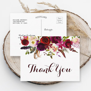 Bohemian Floral Burgundy Fall Weddenschap Dank je Briefkaart