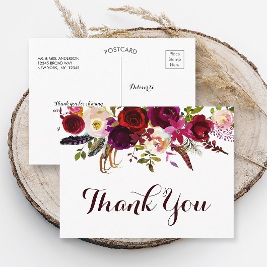 Bohemian Floral Burgundy Fall Weddenschap Dank je Briefkaart