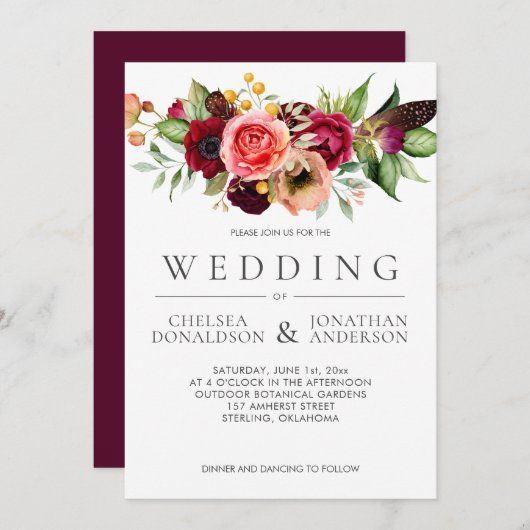 Bohemian Floral Burgundy Feather Wedding | Aankondiging (Voorkant / Achterkant)