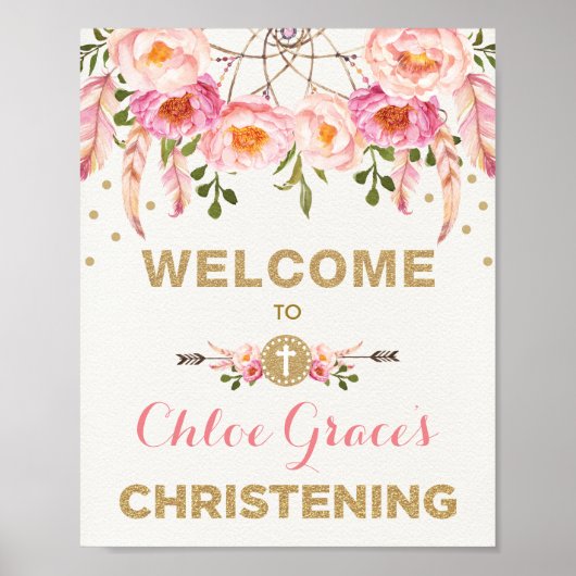 Bohemian Floral Christening Pink & Gold Welkom Poster (Voorkant)