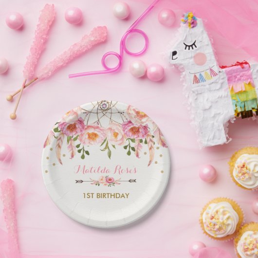  Bohemian Floral Dreamweaver / Roze & Gold Papieren Bordje (Feest)