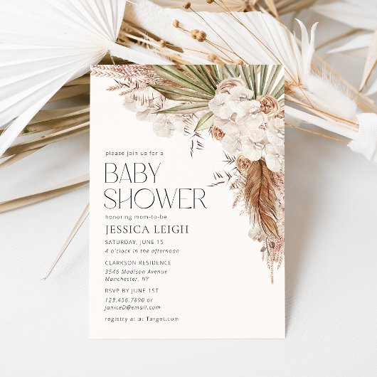 Bohemian Floral & Feather Baby shower Kaart