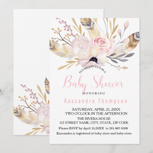 Bohemian Floral & Feathers Baby shower Invitation Kaart (Voorkant / Achterkant)