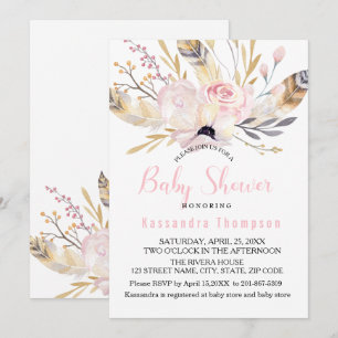 Bohemian Floral & Feathers Baby shower Uitnodiging