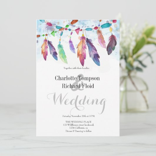 Bohemian Floral Feathers Bruiloft Kaart (Staand voorkant)