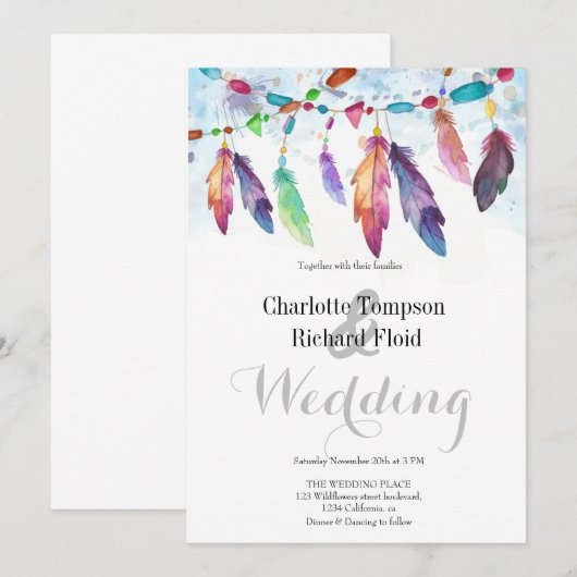 Bohemian Floral Feathers Bruiloft Kaart (Voorkant / Achterkant)