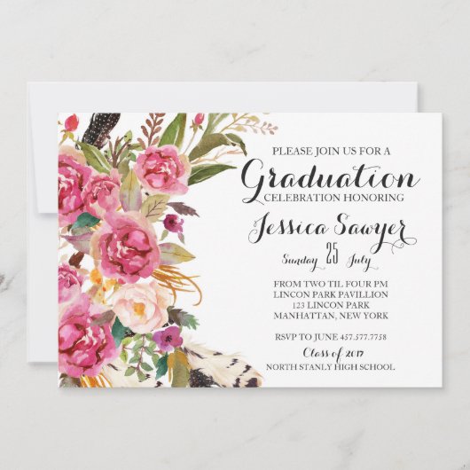 Bohemian Floral Graduation party Invitation Kaart (Voorkant)