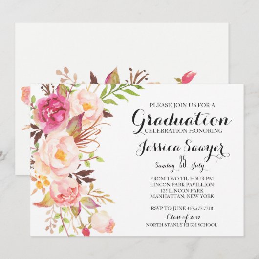 Bohemian Floral Graduation party Invitation Kaart (Voorkant / Achterkant)
