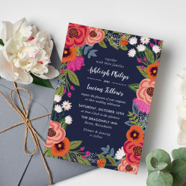 Bohemian Floral Lijst - Navy Blue Wedding Kaart