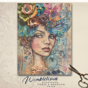 Bohemian Floral Muse Portret, Decoupage Collage Tissuepapier
