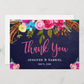 Bohemian Floral Pink Navy Script Weddenschap Dank Bedankkaart (Voorkant / Achterkant)
