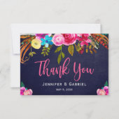 Bohemian Floral Pink Navy Script Weddenschap Dank  Bedankkaart (Voorkant)