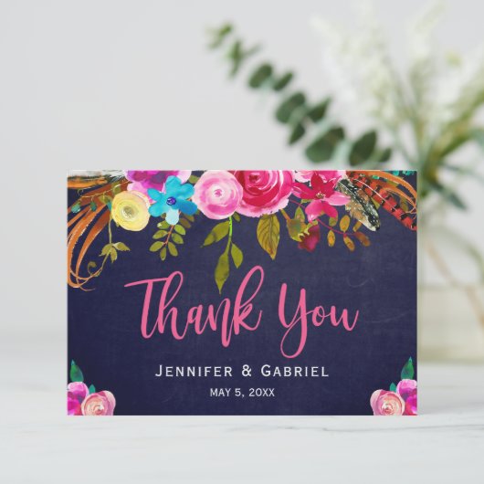 Bohemian Floral Pink Navy Script Weddenschap Dank  Bedankkaart (Staand voorkant)