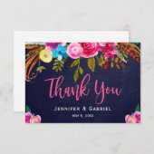 Bohemian Floral Pink Navy Script Weddenschap Dank  Bedankkaart (Voorkant / Achterkant)