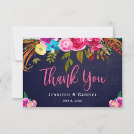 Bohemian Floral Pink Navy Script Weddenschap Dank  Bedankkaart