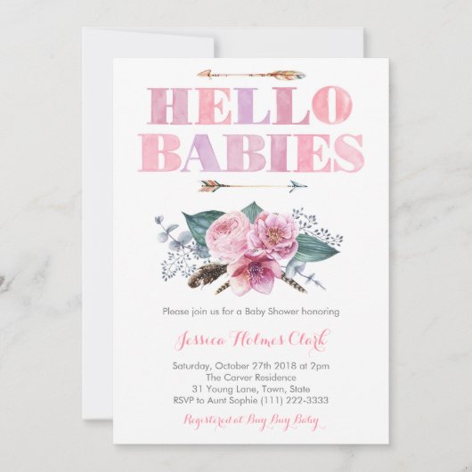 Bohemian Floral Pink Twin Baby Girls Shower Kaart (Voorkant)