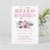 Bohemian Floral Pink Twin Baby Girls Shower Kaart (Staand voorkant)