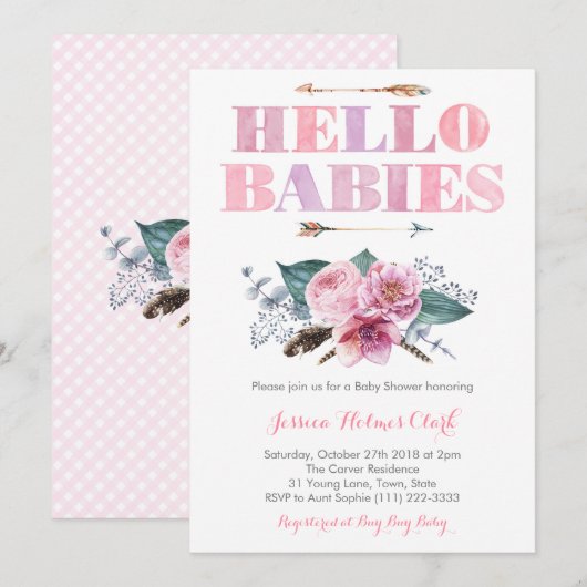 Bohemian Floral Pink Twin Baby Girls Shower Kaart (Voorkant / Achterkant)