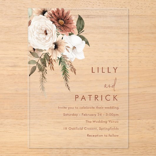 Bohemian Floral Terracotta Wedding Acryl Uitnodigingen (Voorkant)
