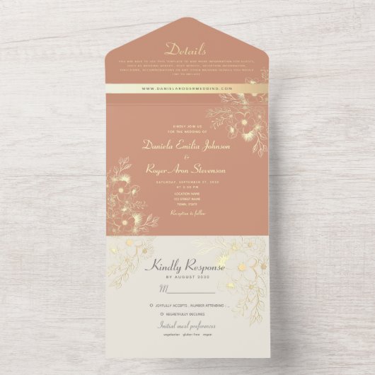 Bohemian Floral Terracotta Wedding All In One Uitnodiging (Binnen)