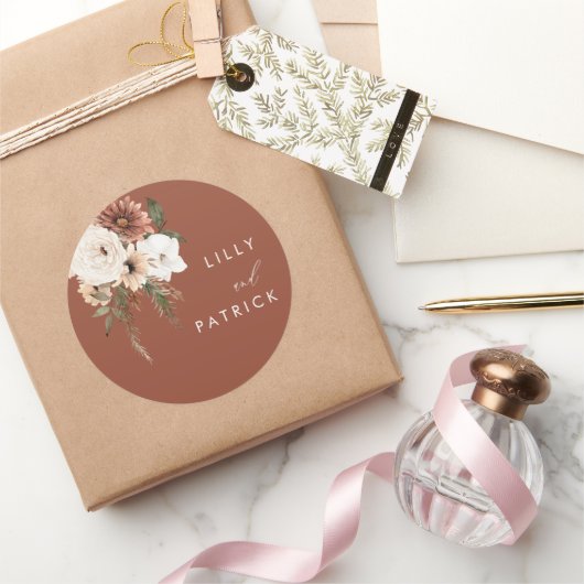 Bohemian Floral Terracotta Wedding Ronde Sticker (Geschenken)