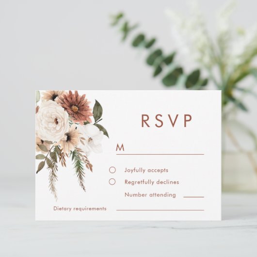 Bohemian Floral Terracotta Wedding RSVP Kaartje (Staand voorkant)