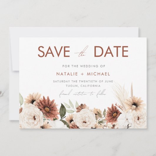 Bohemian Floral Terracotta Wedding Save The Date (Voorkant)