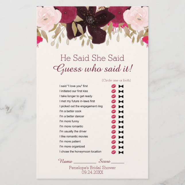 Bohemian Floral Wedal Word Search Shower Game (Voorkant)