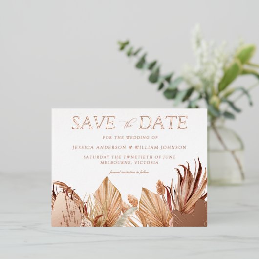Bohemian Floral Wedding Save the Date Roos Gold Folie Uitnodiging Briefkaart (Staand Voorkant)