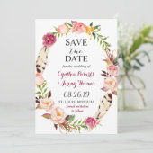 Bohemian Floral Wreath Feather Boho Save the Date (Staand voorkant)