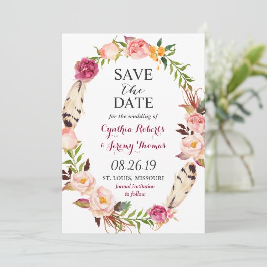 Bohemian Floral Wreath Feather Boho Save the Date (Staand voorkant)