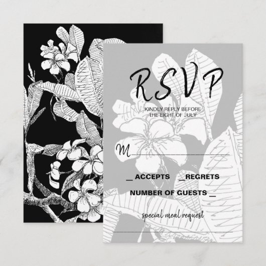 Bohemian Floral Zwart Wit RSVP-kaart RSVP Kaartje (Voorkant / Achterkant)