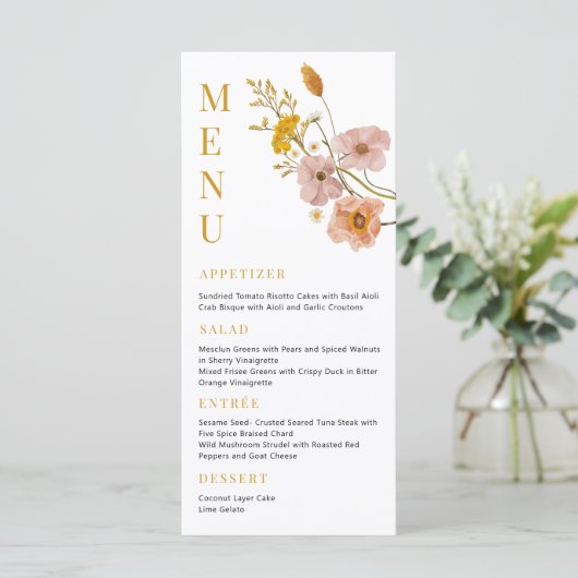 Bohemian Flowers Menu, Whimsical Vrijgezellenfeest Menu (Staand voorkant)