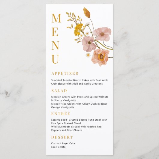 Bohemian Flowers Menu, Whimsical Vrijgezellenfeest Menu (Voorkant)