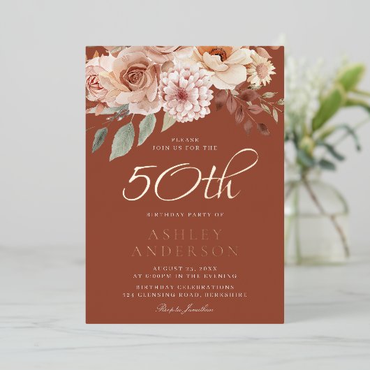 Bohemian Flowers Roos Gold Foil 50ste verjaardag Folie Uitnodiging (Staand Voorkant)