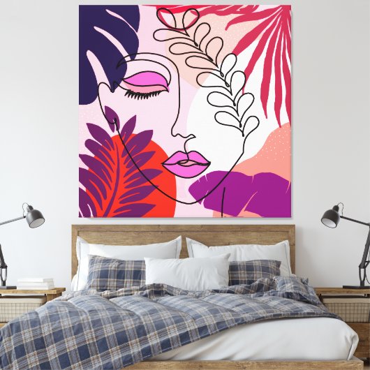 Bohemian Girl Line Art Roze esthetiek Canvas Afdruk (Insitu (Slaapkamer))