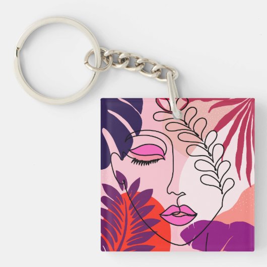 Bohemian Girl Line Art Roze esthetiek Sleutelhanger (voorkant)