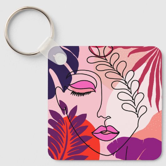 Bohemian Girl Line Art Roze esthetiek Sleutelhanger (Voorkant)