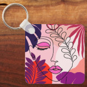 Bohemian Girl Line Art Roze esthetiek Sleutelhanger (Voorkant)