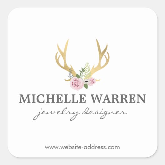 Bohemian Gold Antlers met Flowers gepersonaliseerd Vierkante Sticker (Voorkant)