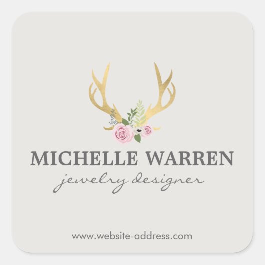 Bohemian Gold Antlers met Flowers II, speciaal gep Vierkante Sticker (Voorkant)