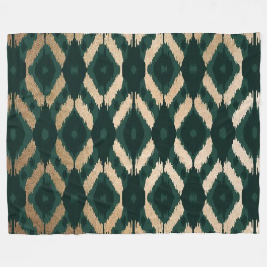 Bohemian Gold Forest Green Ikat Pattern Fleece Deken (Voorkant (Horizontaal))