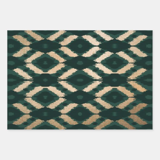 Bohemian Gold Forest Green Ikat Pattern Inpakpapier Vel (Voorkant 2)