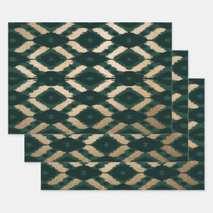 Bohemian Gold Forest Green Ikat Pattern Inpakpapier Vel