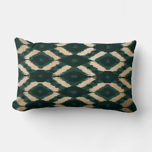 Bohemian Gold Forest Green Ikat Pattern Kussen (Voorkant)
