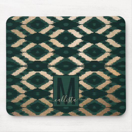 Bohemian Gold Forest Green Ikat Pattern Muismat (Voorkant)