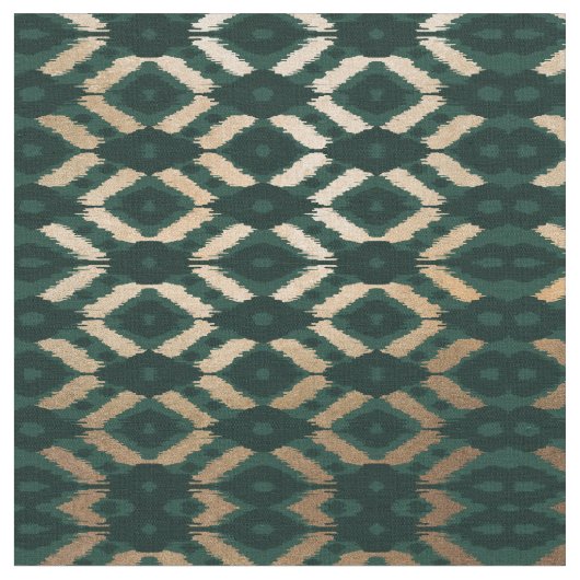 Bohemian Gold Forest Green Ikat Pattern Stof (Close Up)